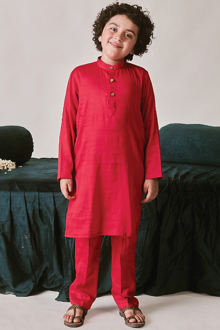 Crimson Red Vegan Silk Sequins Embroidered Sherwani Set For Boys by Littleens at Pernia's Pop Up Shop