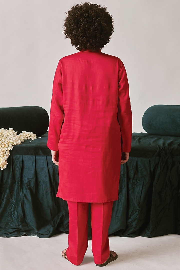 Crimson Red Vegan Silk Sequins Embroidered Sherwani Set For Boys by Littleens at Pernia's Pop Up Shop