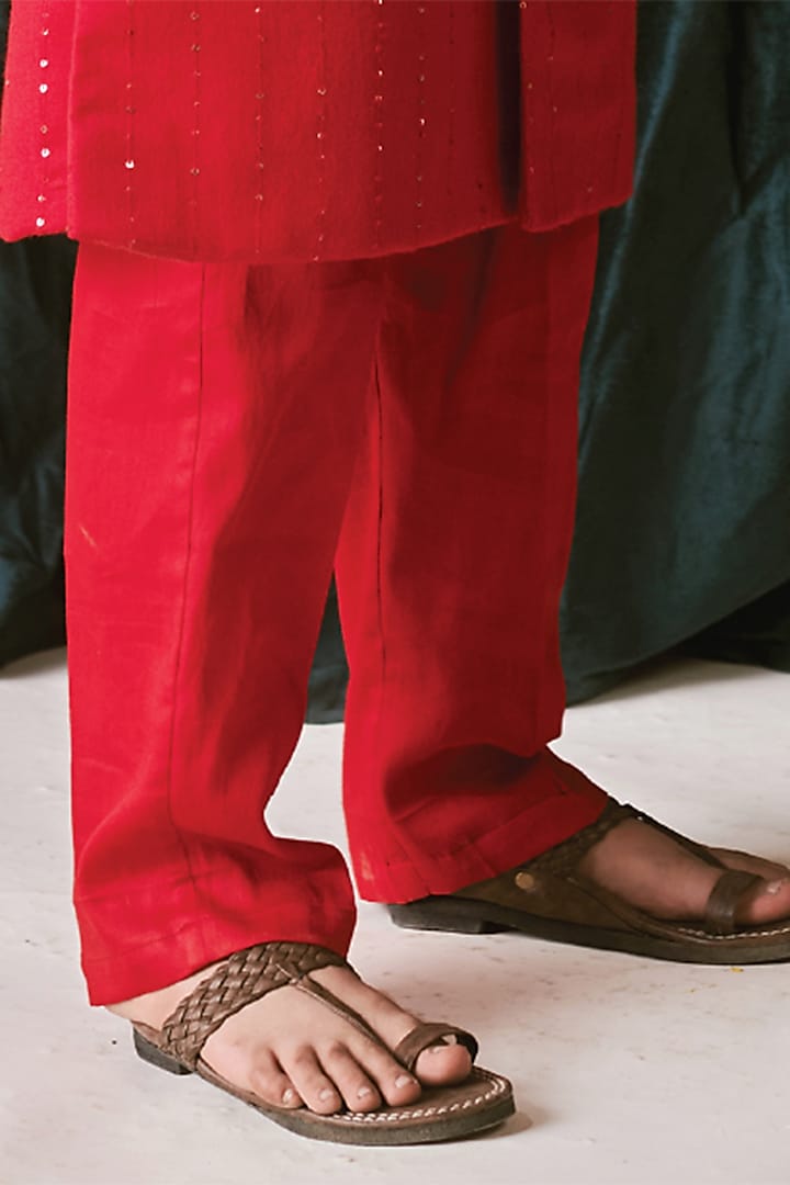 Crimson Red Vegan Silk Sequins Embroidered Sherwani Set For Boys by Littleens at Pernia's Pop Up Shop