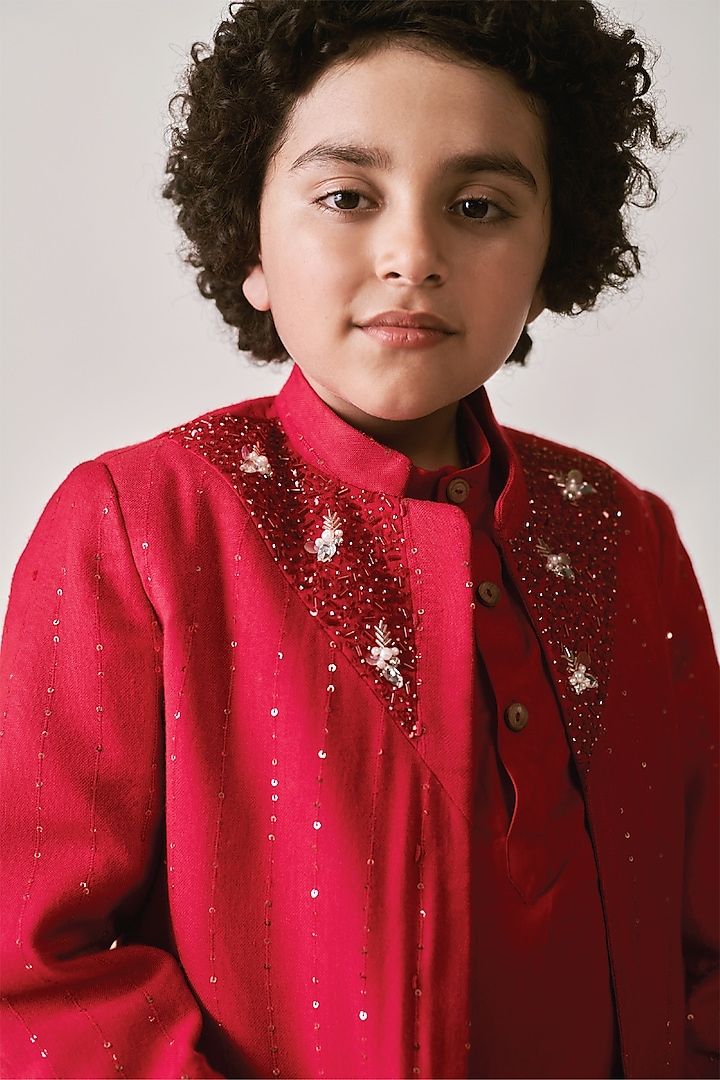 Crimson Red Vegan Silk Sequins Embroidered Sherwani Set For Boys by Littleens at Pernia's Pop Up Shop