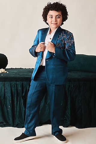 Blue Sapphire German Satin & Vegan Silk Beads Embroidered Tuxedo Set by Littleens