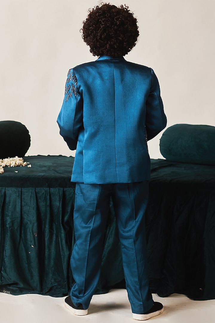 Blue Sapphire German Satin & Vegan Silk Beads Embroidered Tuxedo Set by Littleens at Pernia's Pop Up Shop