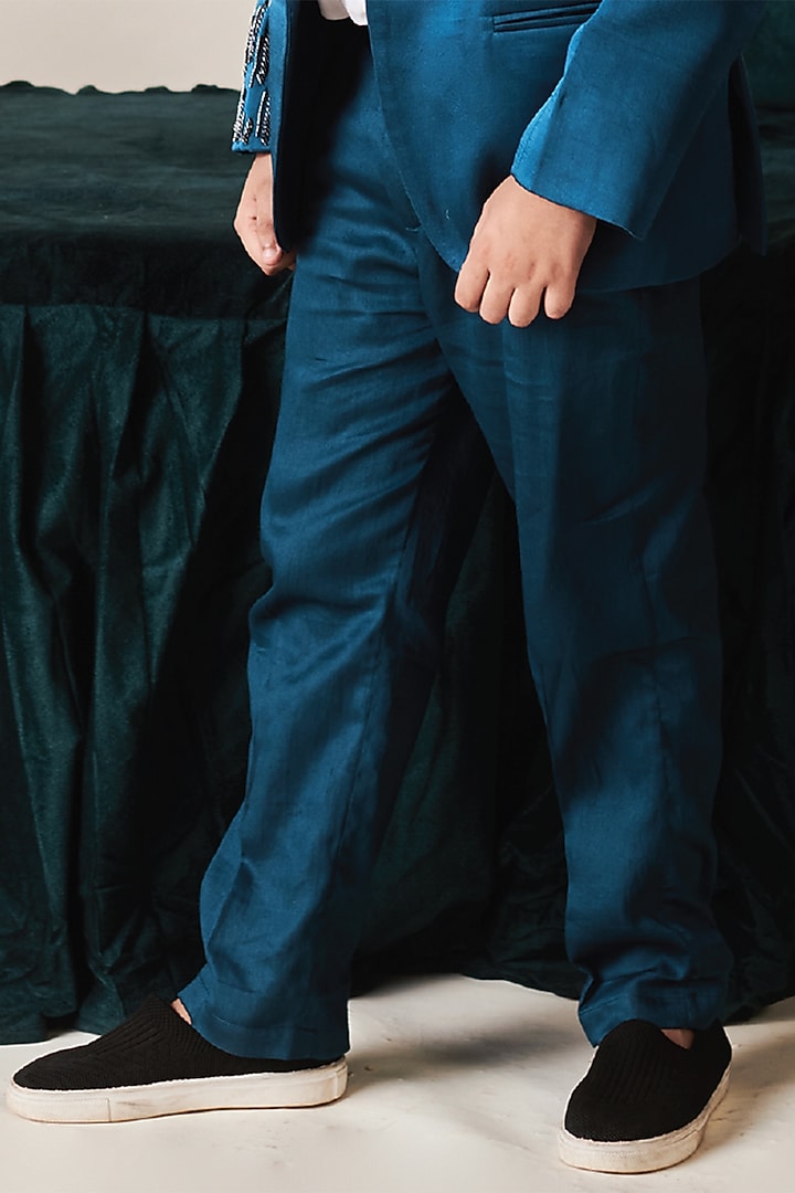 Blue Sapphire German Satin & Vegan Silk Beads Embroidered Tuxedo Set by Littleens at Pernia's Pop Up Shop