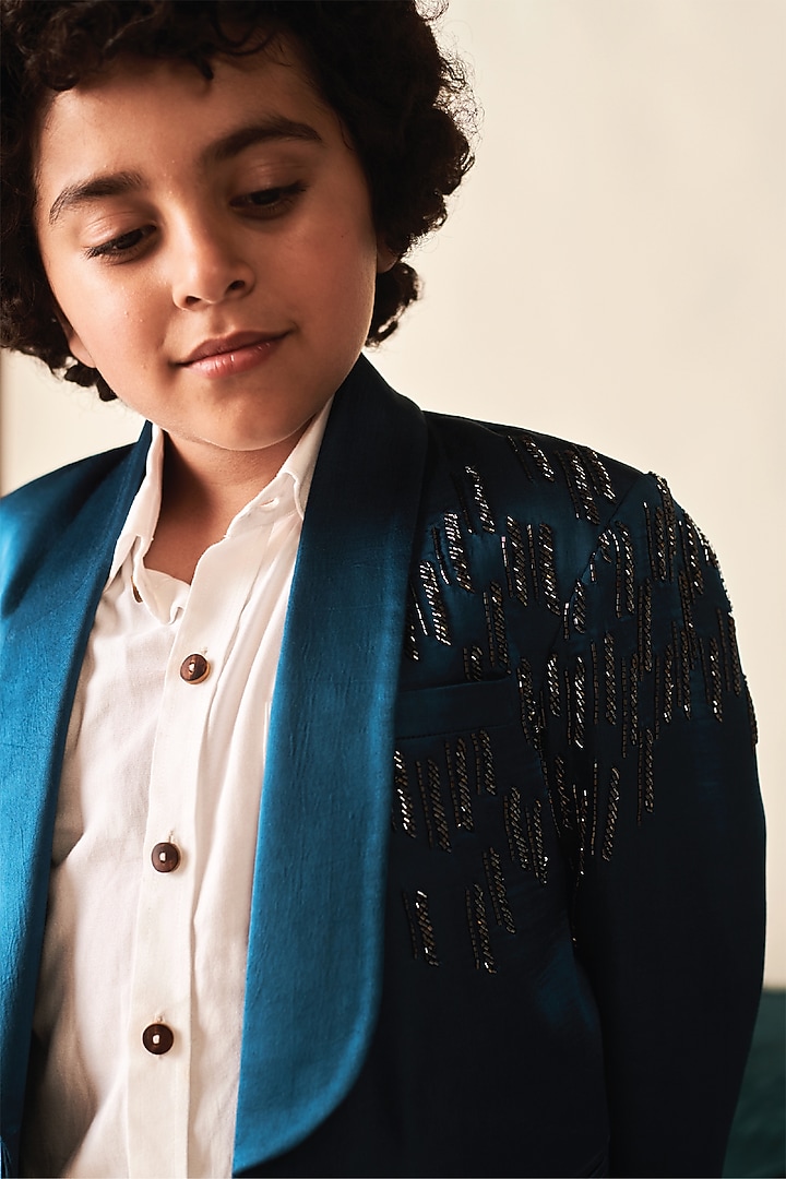 Blue Sapphire German Satin & Vegan Silk Beads Embroidered Tuxedo Set by Littleens at Pernia's Pop Up Shop