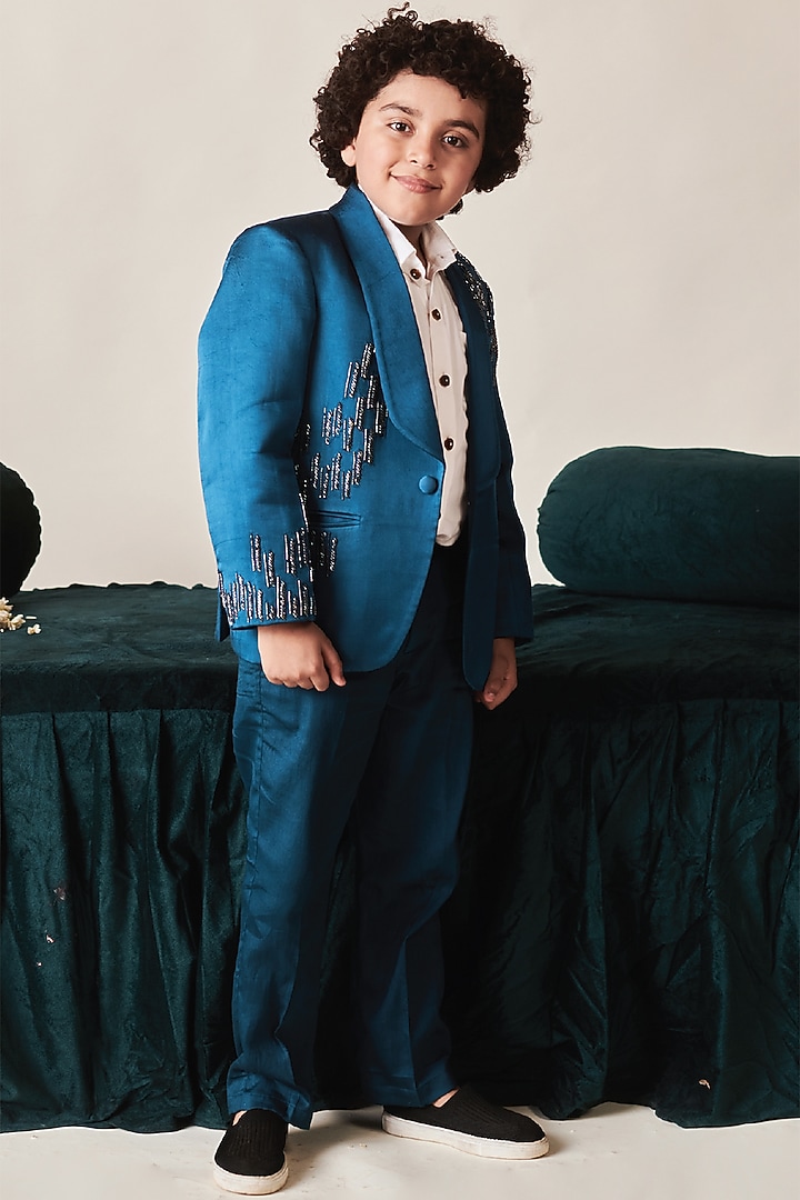 Blue Sapphire German Satin & Vegan Silk Beads Embroidered Tuxedo Set by Littleens at Pernia's Pop Up Shop