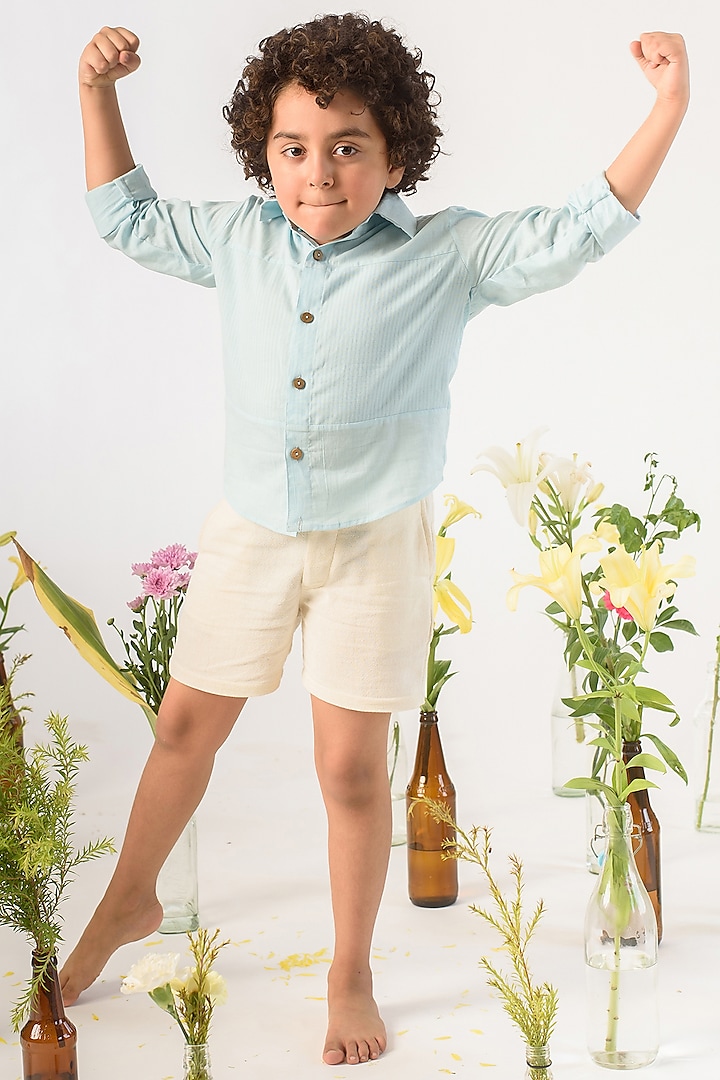Powder Blue Organic Cotton & Handloom Stripe Shirt For Boys by Littleens