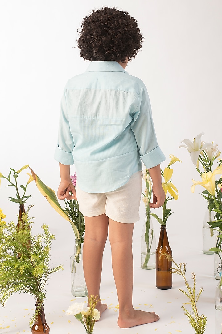 Powder Blue Organic Cotton & Handloom Stripe Shirt For Boys by Littleens at Pernia's Pop Up Shop