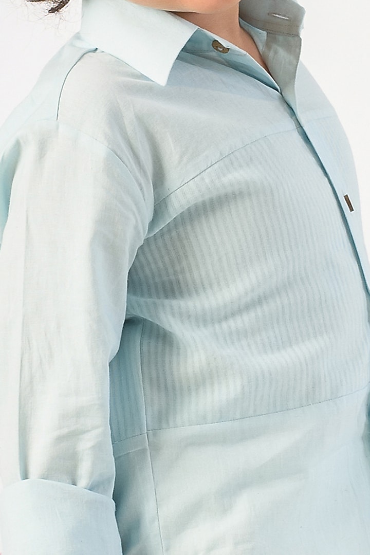 Powder Blue Organic Cotton & Handloom Stripe Shirt For Boys by Littleens at Pernia's Pop Up Shop