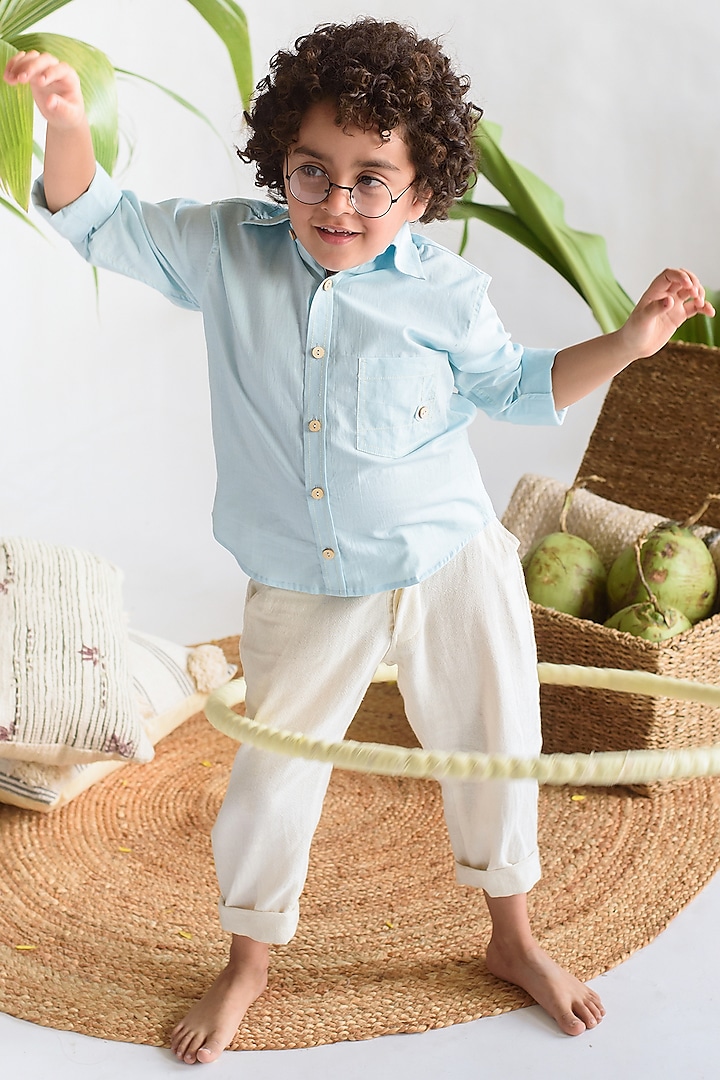 Powder Blue Organic Cotton Embroidered Shirt For Boys by Littleens at Pernia's Pop Up Shop