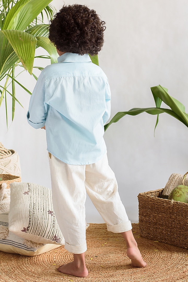 Powder Blue Organic Cotton Embroidered Shirt For Boys by Littleens at Pernia's Pop Up Shop