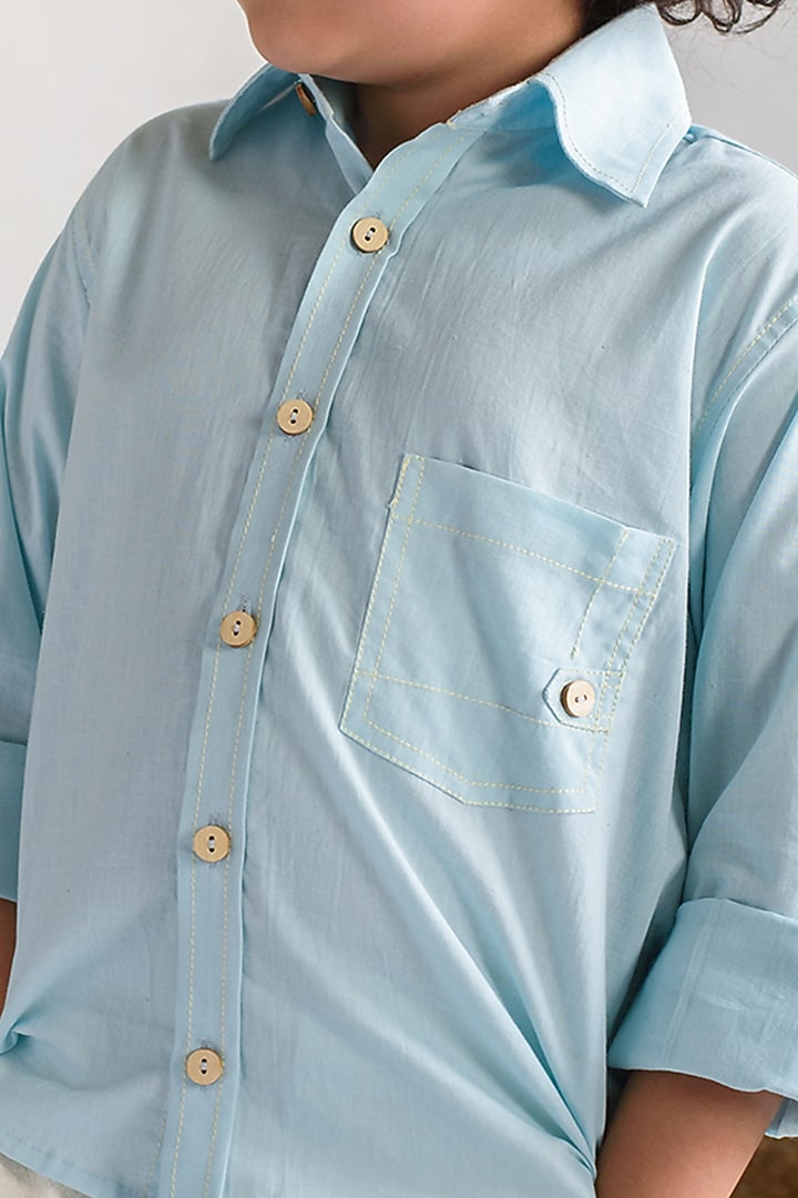 Powder Blue Organic Cotton Embroidered Shirt For Boys by Littleens at Pernia's Pop Up Shop