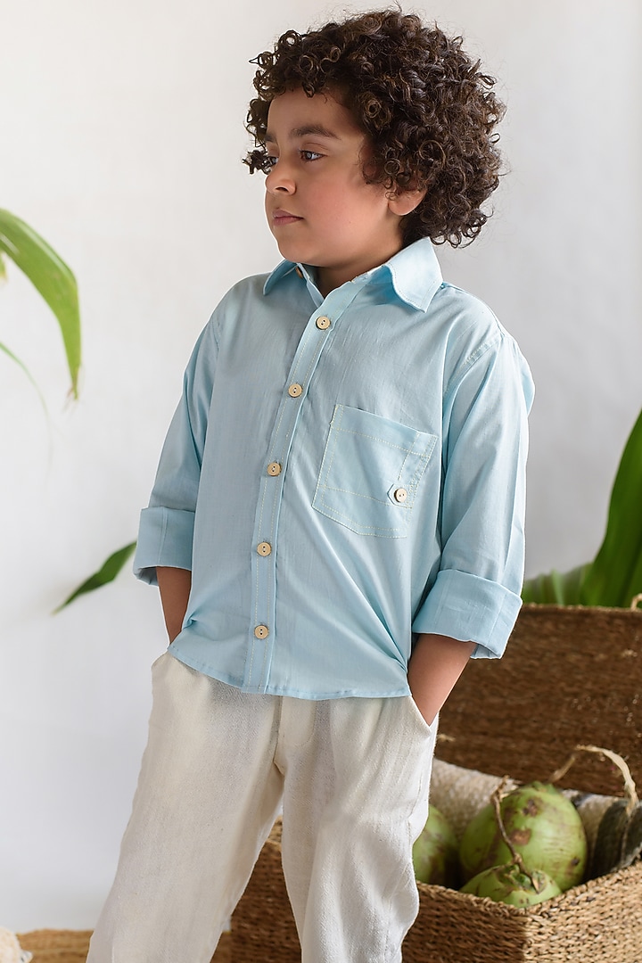 Powder Blue Organic Cotton Embroidered Shirt For Boys by Littleens at Pernia's Pop Up Shop