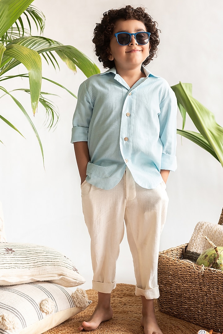 Powder Blue Organic Cotton & Handloom Stripe Shirt For Boys by Littleens