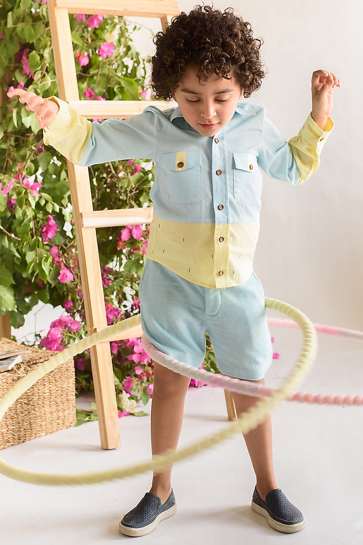 Powder Blue & Yellow Organic Cotton Shirt For Boys by Littleens at Pernia's Pop Up Shop