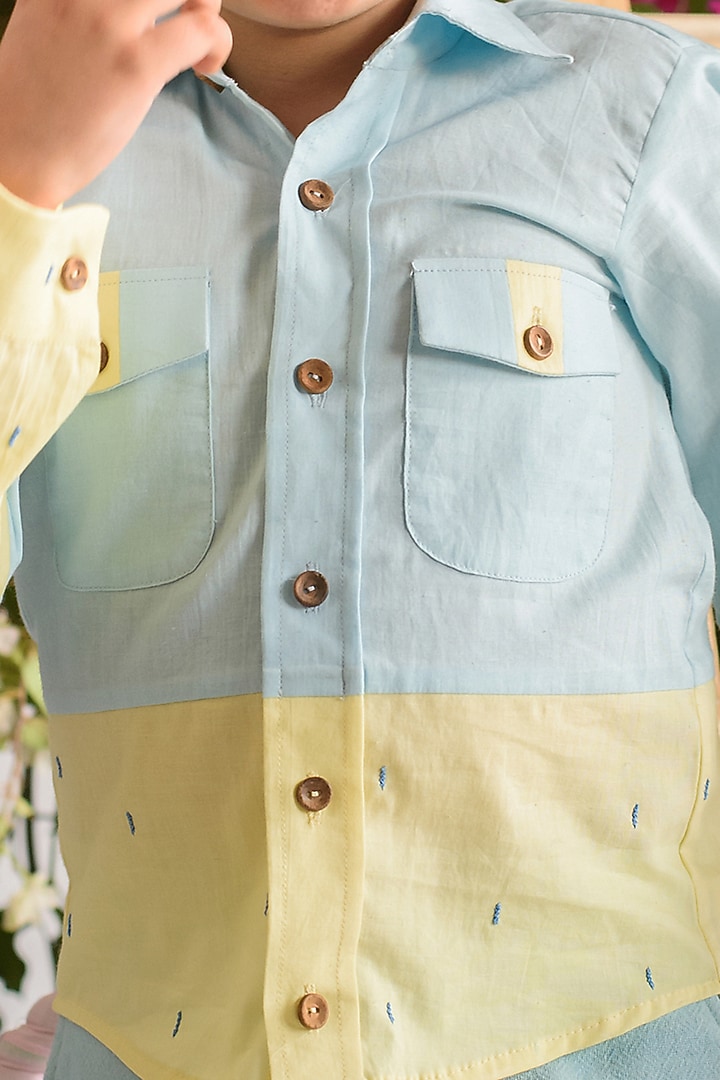 Powder Blue & Yellow Organic Cotton Shirt For Boys by Littleens at Pernia's Pop Up Shop