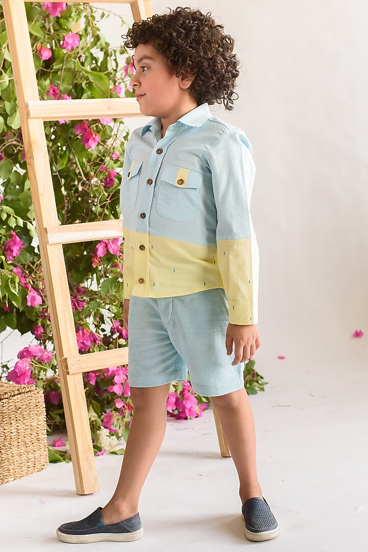 Powder Blue & Yellow Organic Cotton Shirt For Boys by Littleens at Pernia's Pop Up Shop