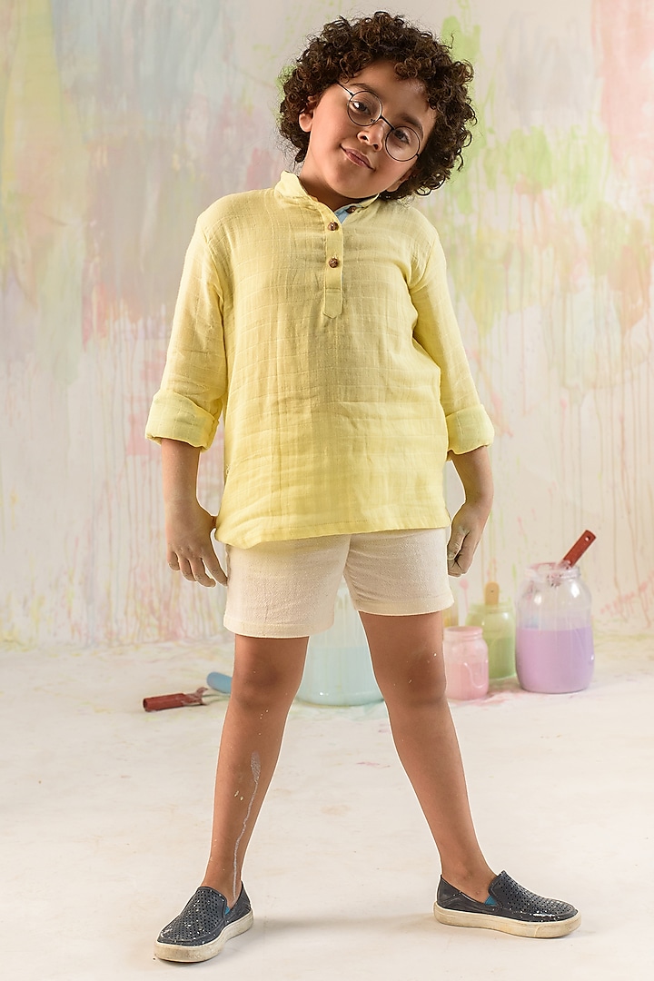 Pastel Yellow Check Organic Cotton Shirt For Boys by Littleens