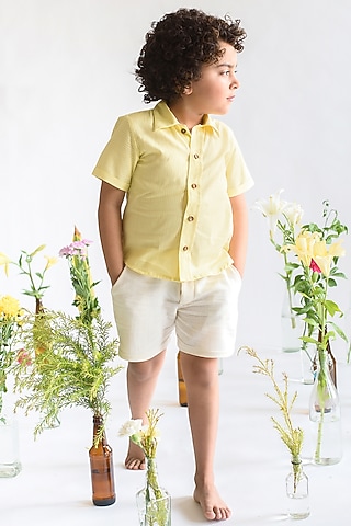 Yellow Handwoven Organic Cotton & Handloom Stripe Shirt For Boys by Littleens