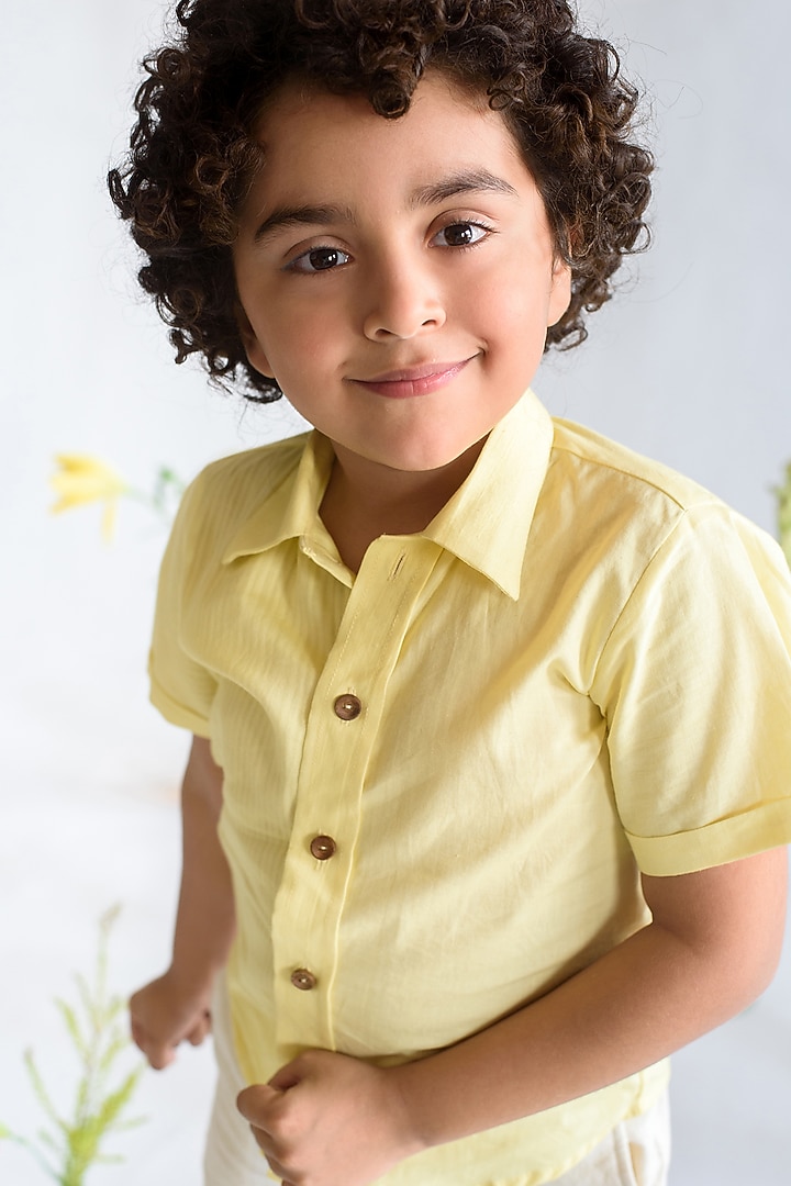 Yellow Handwoven Organic Cotton & Handloom Stripe Shirt For Boys by Littleens at Pernia's Pop Up Shop