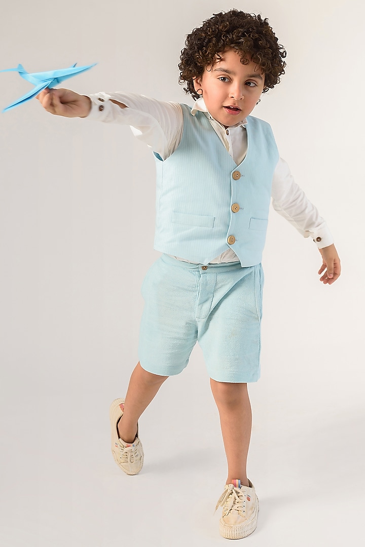 Powder Blue Organic Cotton & Handloom Stripe Waist Coat For Boys by Littleens at Pernia's Pop Up Shop