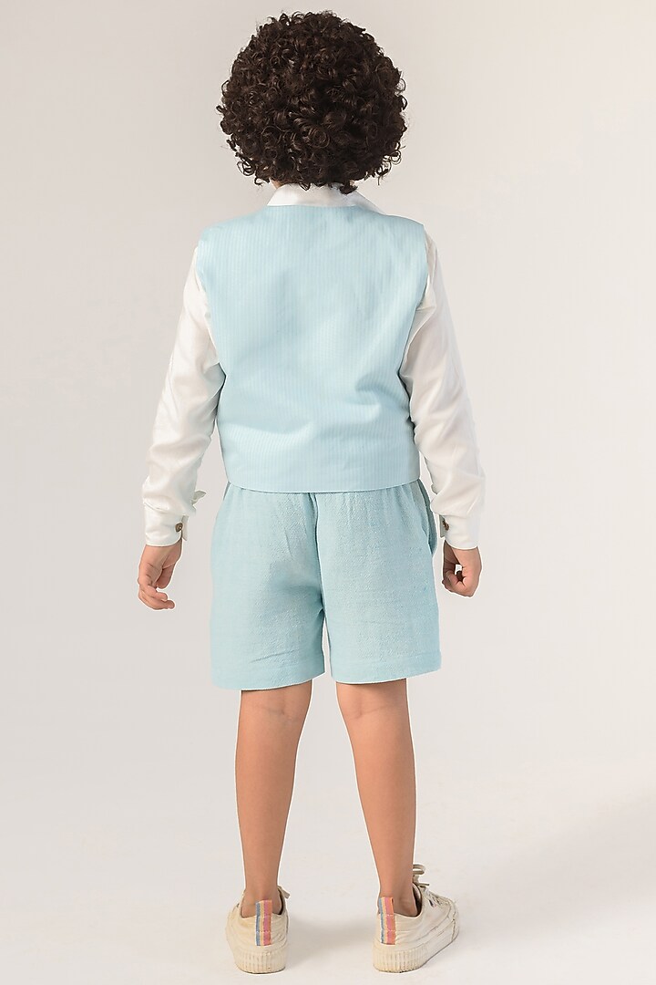 Powder Blue Organic Cotton & Handloom Stripe Waist Coat For Boys by Littleens at Pernia's Pop Up Shop