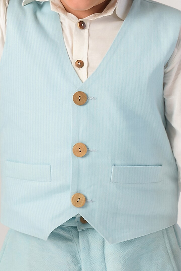 Powder Blue Organic Cotton & Handloom Stripe Waist Coat For Boys by Littleens at Pernia's Pop Up Shop