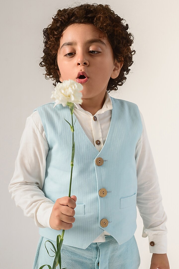 Powder Blue Organic Cotton & Handloom Stripe Waist Coat For Boys by Littleens at Pernia's Pop Up Shop