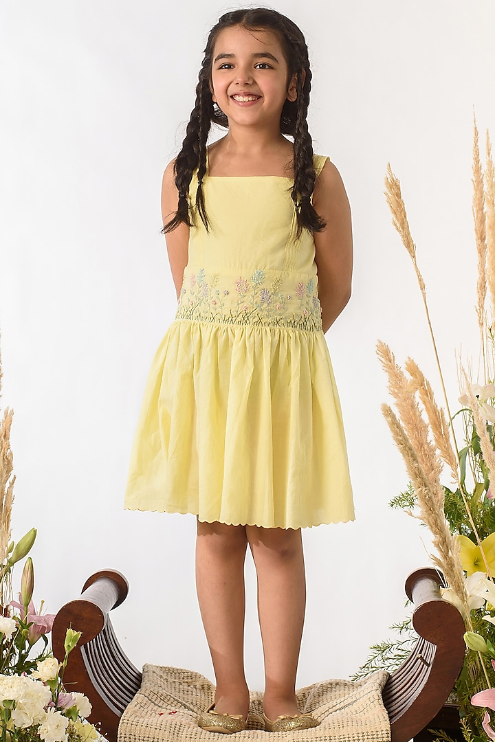 Pale Yellow Embroidered Dress For Girls by Littleens