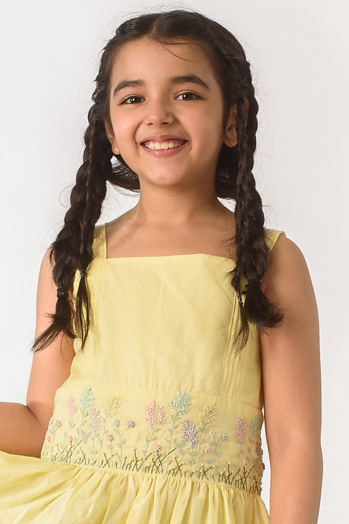 Pale Yellow Embroidered Dress For Girls by Littleens at Pernia's Pop Up Shop