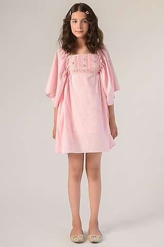 Pink Cotton Hand-Embroidered Dress For Girls by Littleens