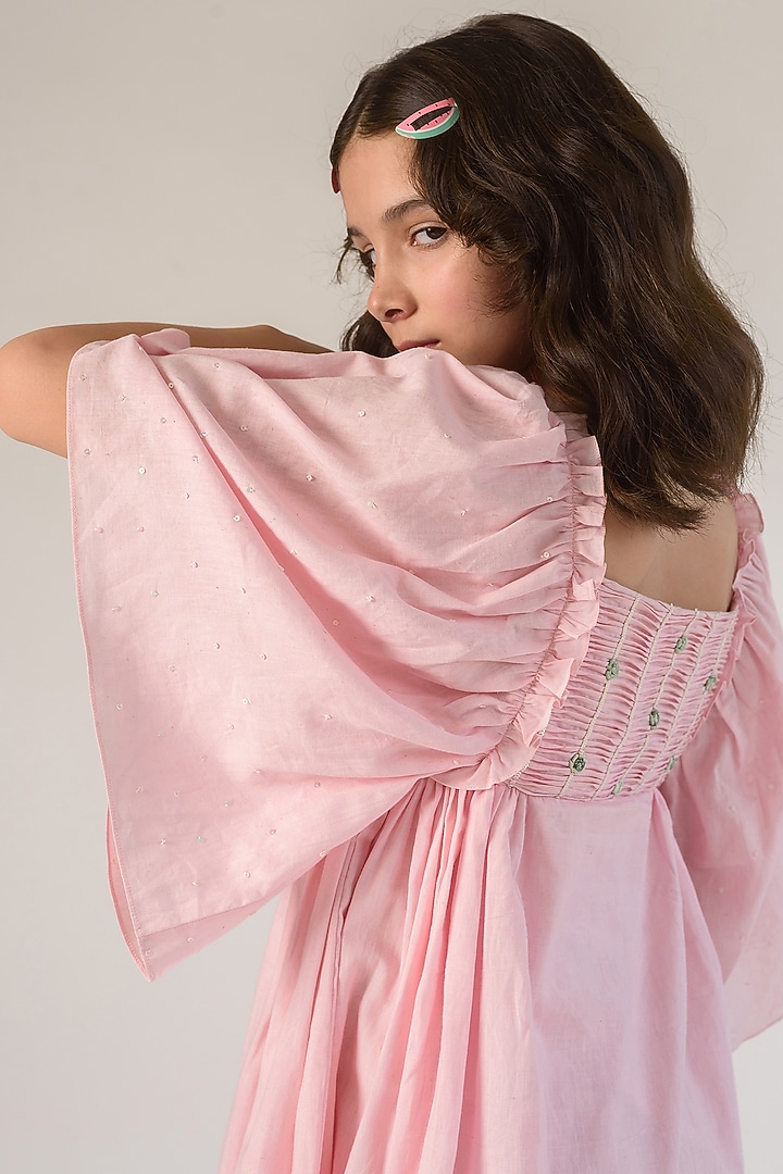 Pink Cotton Hand-Embroidered Dress For Girls by Littleens at Pernia's Pop Up Shop