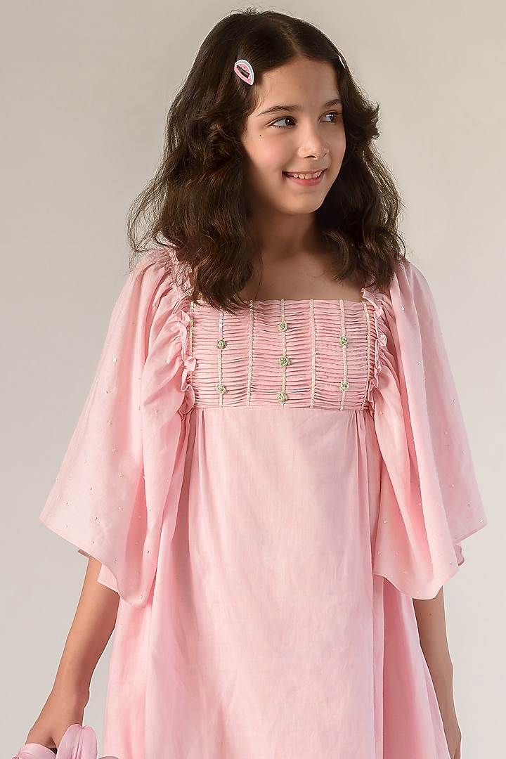 Pink Cotton Hand-Embroidered Dress For Girls by Littleens at Pernia's Pop Up Shop