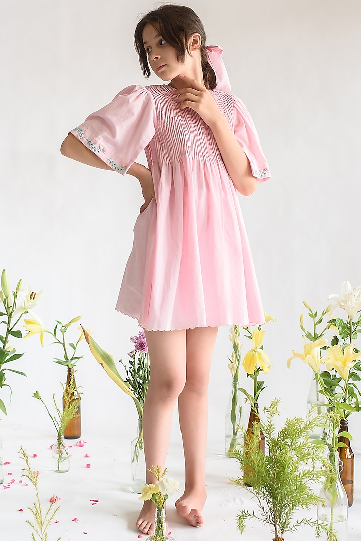 Pink Organic Cotton Hand-Embroidered Dress For Girls by Littleens