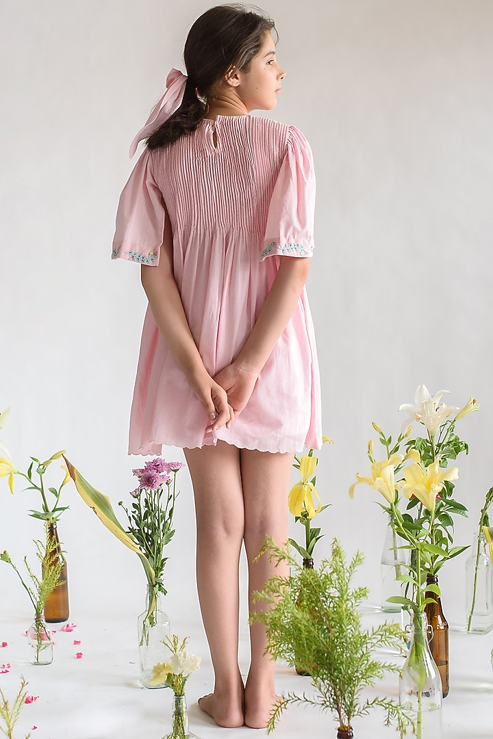Pink Organic Cotton Hand-Embroidered Dress For Girls by Littleens at Pernia's Pop Up Shop