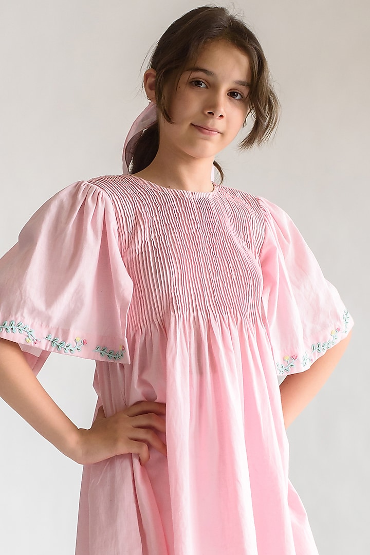 Pink Organic Cotton Hand-Embroidered Dress For Girls by Littleens at Pernia's Pop Up Shop