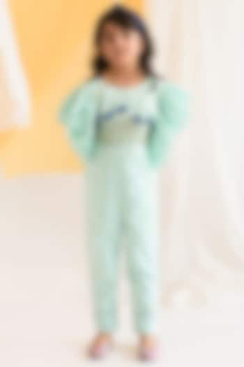 Sea Green Hand Embroidered Jumpsuit For Girls by Littleens at Pernia's Pop Up Shop