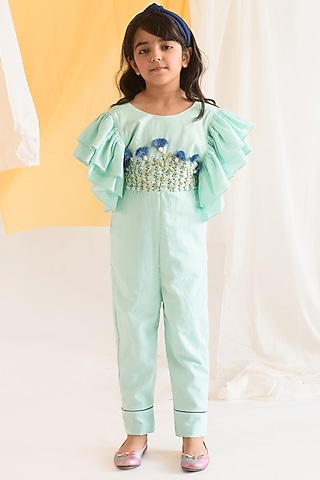 Sea Green Hand Embroidered Jumpsuit For Girls by Littleens