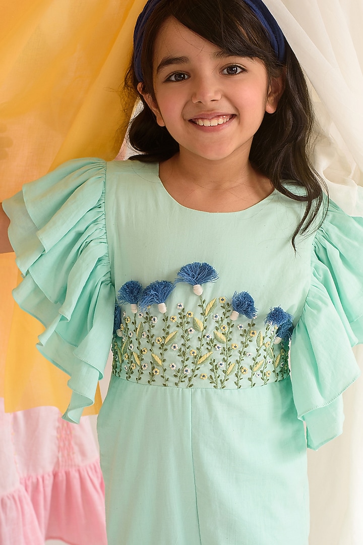 Sea Green Hand Embroidered Jumpsuit For Girls by Littleens at Pernia's Pop Up Shop