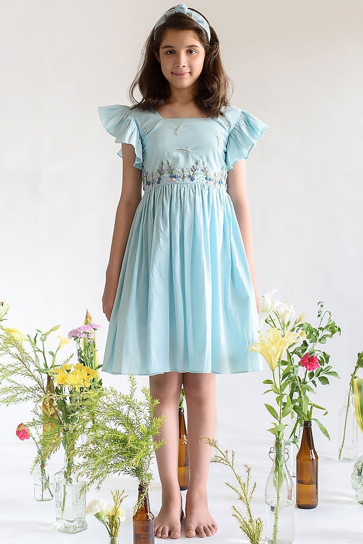 Powder Blue Embroidered Dress For Girls by Littleens