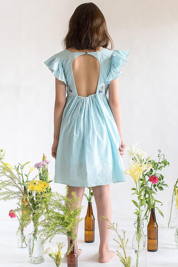 Powder Blue Embroidered Dress For Girls by Littleens at Pernia's Pop Up Shop