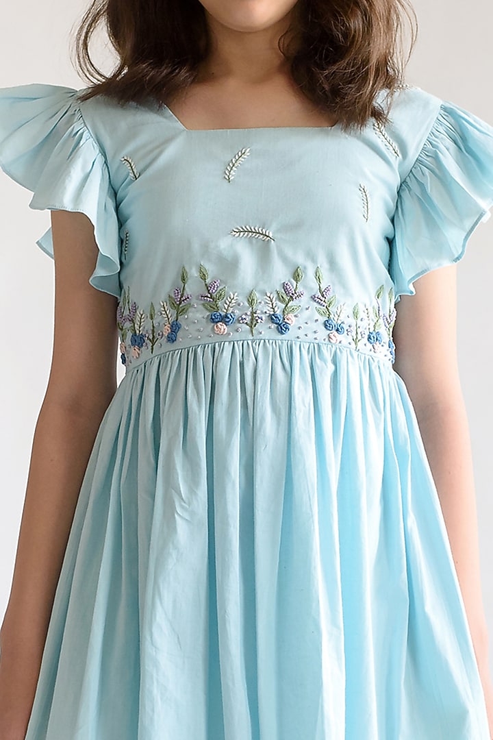Powder Blue Embroidered Dress For Girls by Littleens at Pernia's Pop Up Shop