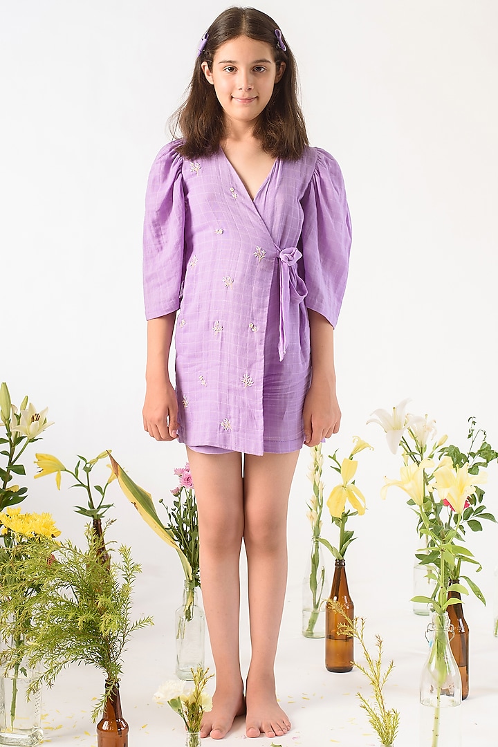 Lilac Embroidered Wrap Dress For Girls by Littleens at Pernia's Pop Up Shop