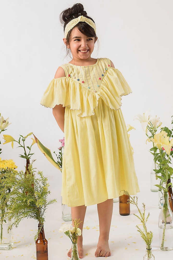 Yellow Embroidered Striped Midi Dress For Girls by Littleens