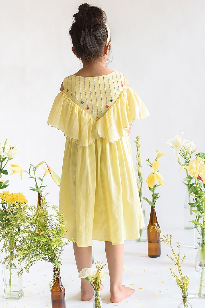 Yellow Embroidered Striped Midi Dress For Girls by Littleens at Pernia's Pop Up Shop