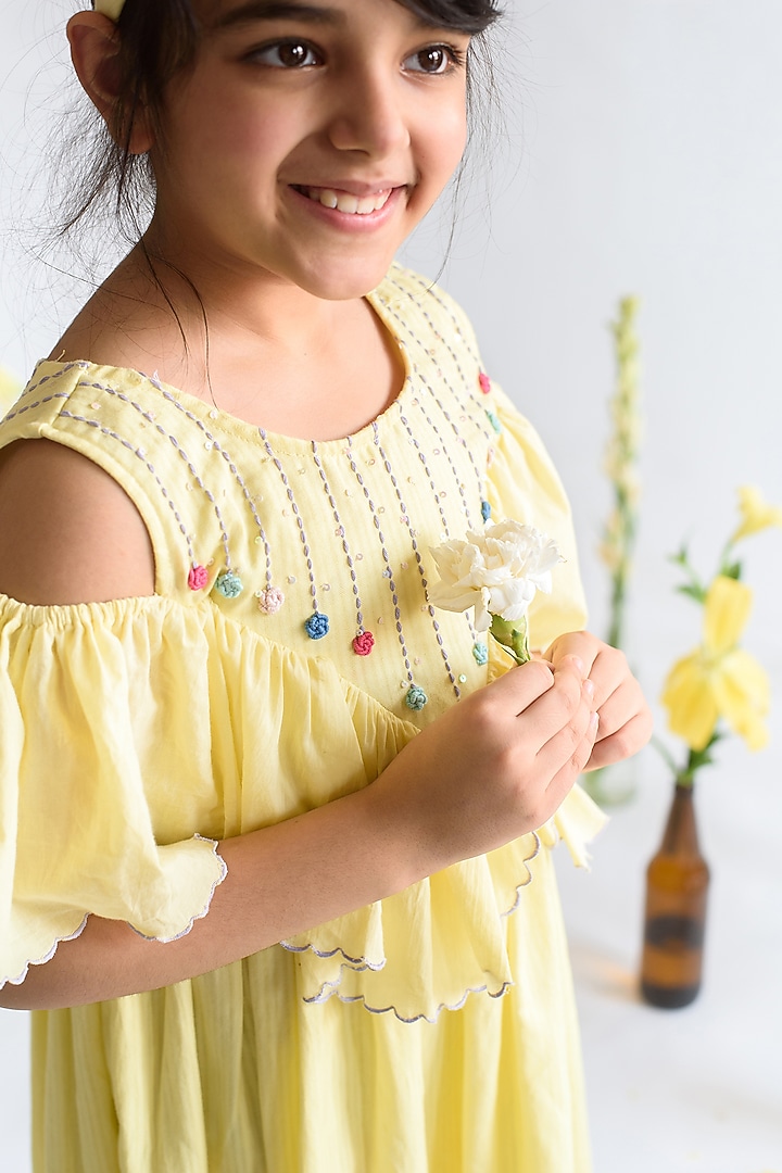Yellow Embroidered Striped Midi Dress For Girls by Littleens at Pernia's Pop Up Shop
