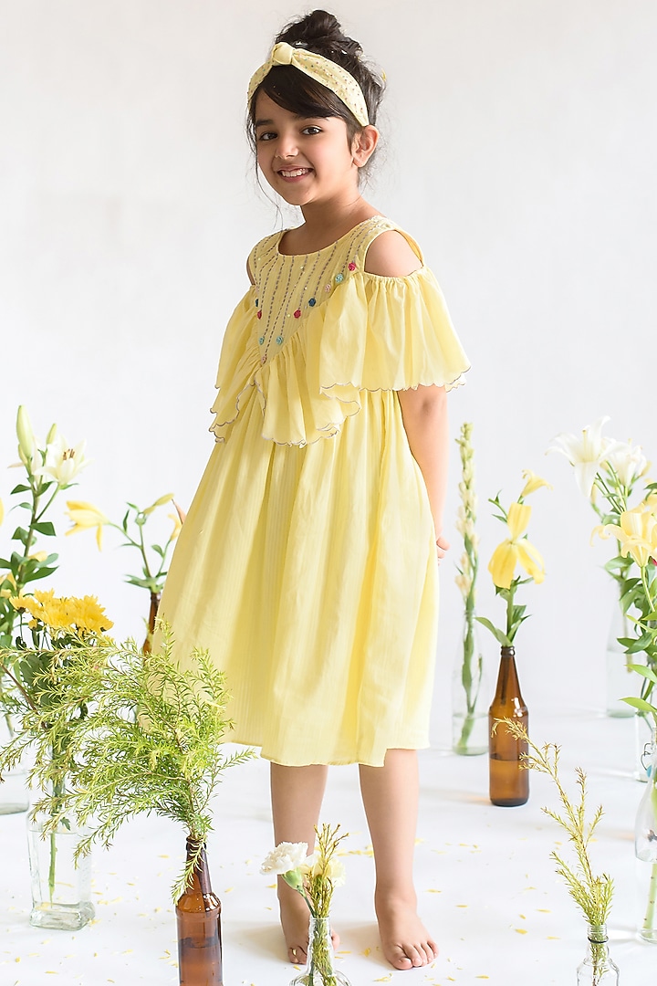 Yellow Embroidered Striped Midi Dress For Girls by Littleens at Pernia's Pop Up Shop