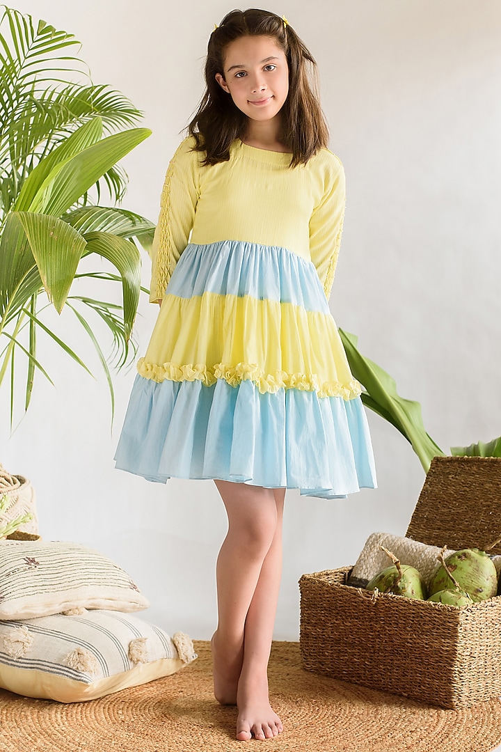 Yellow & Blue Striped Dress For Girls by Littleens