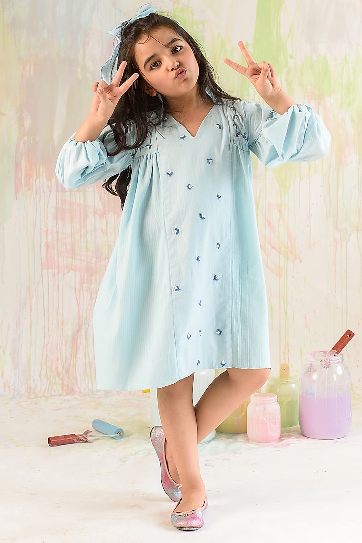 Powder Blue Hand Embroidered Dress For Girls by Littleens