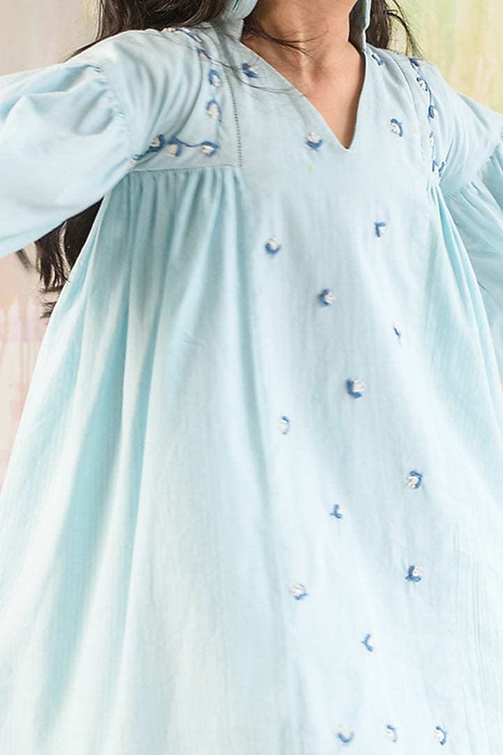 Powder Blue Hand Embroidered Dress For Girls by Littleens at Pernia's Pop Up Shop