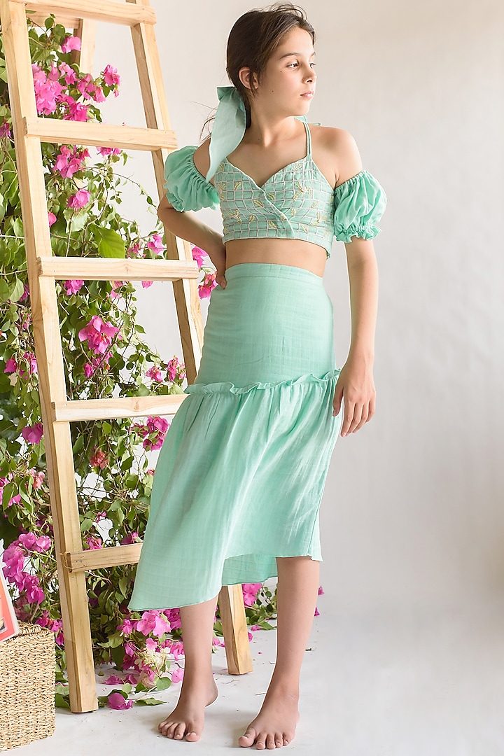 Sea Green Embroidered Skirt Set For Girls by Littleens